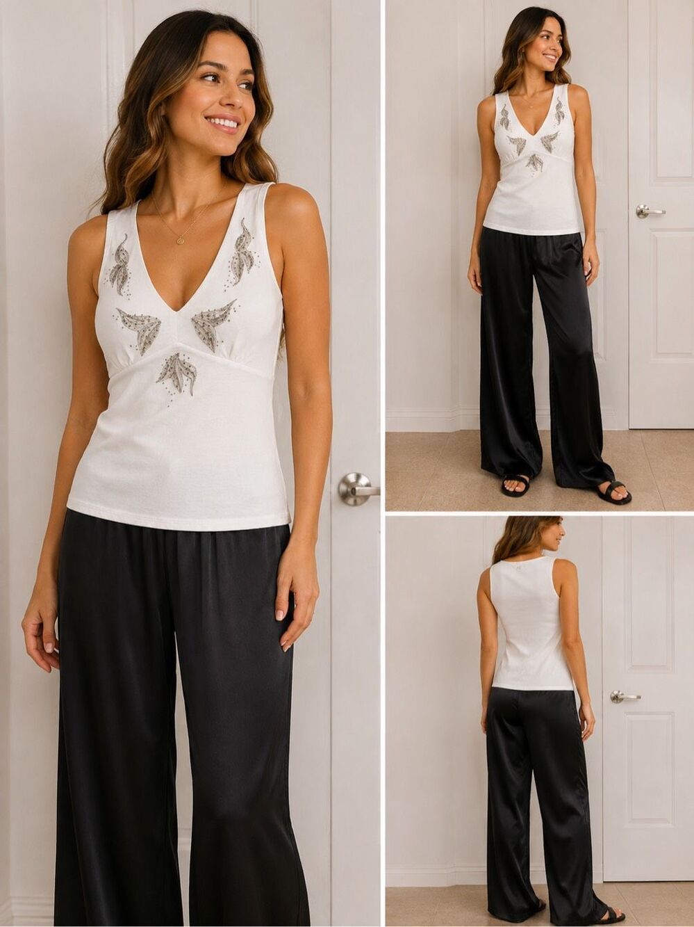 ANA Size LG White Embellished Rhinestone Leaf V Neck Sleeveless Fitted Top
